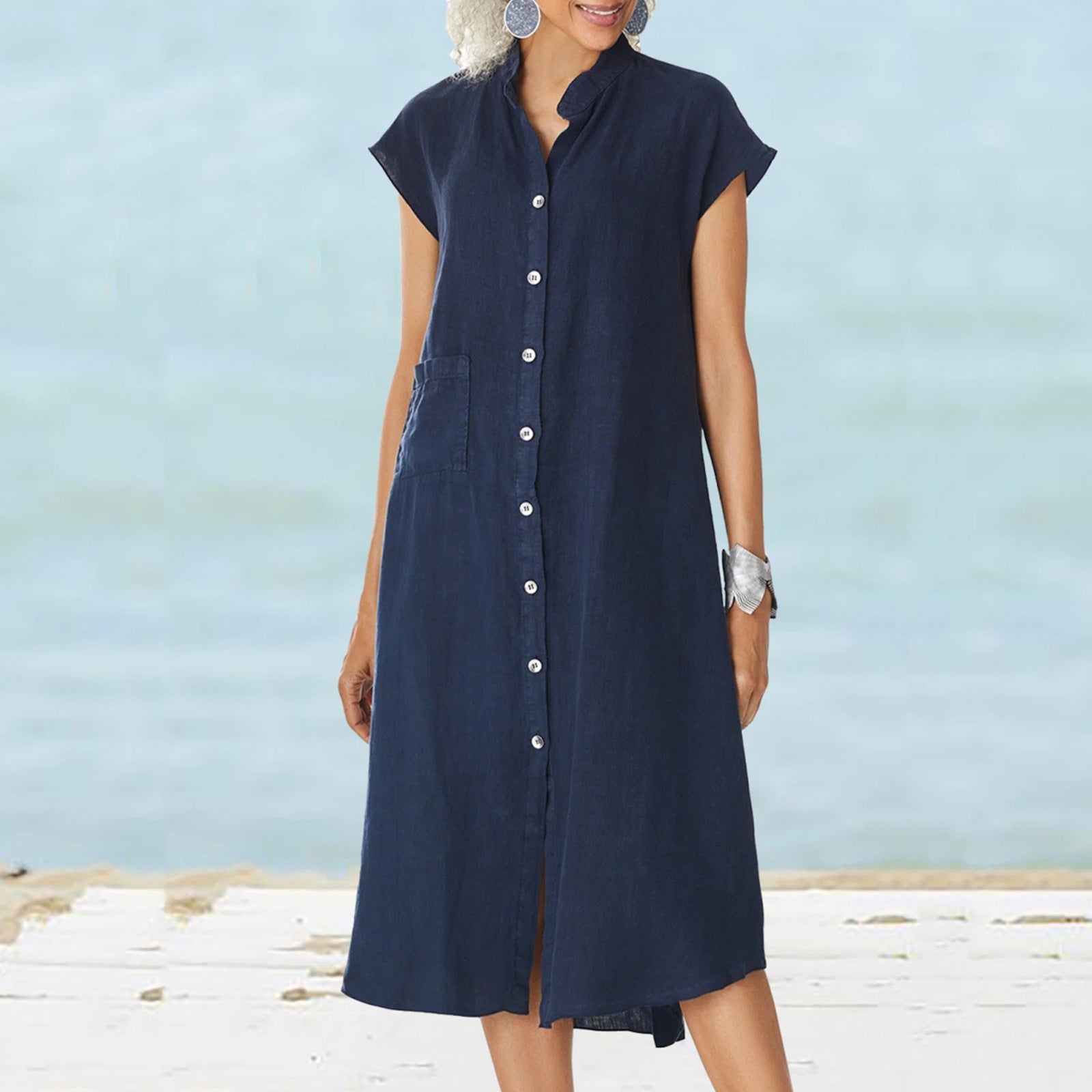 Cardigan Stand Collar Single-breasted Cotton And Linen Pocket Dress