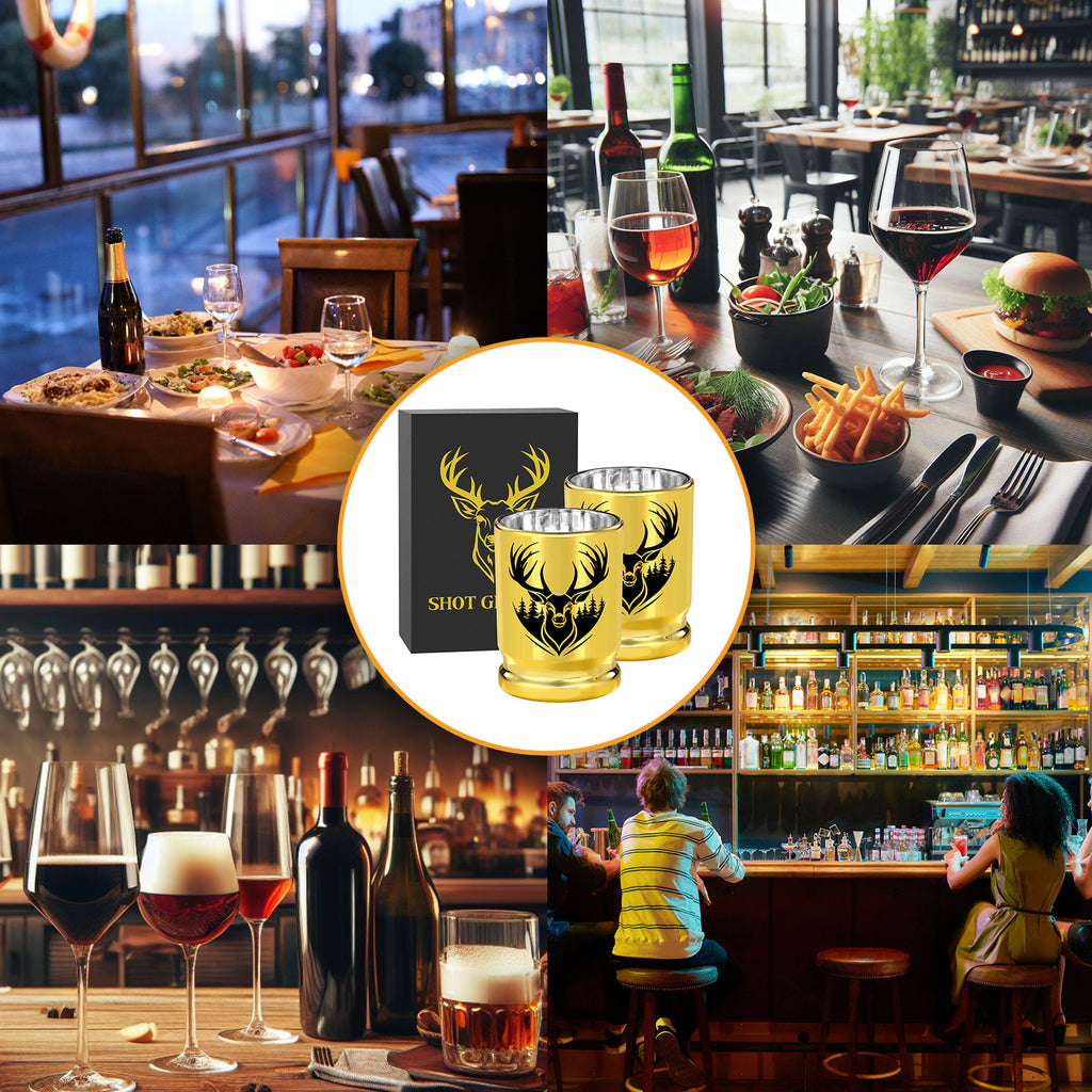 2pcs  50 Caliber Deer Head Golden Plastic Wine Glasses With Gift Box - Leak Proof, Reusable - Stylish Animal Print Design, Suitable For Whiskey, Tequila, Etc
