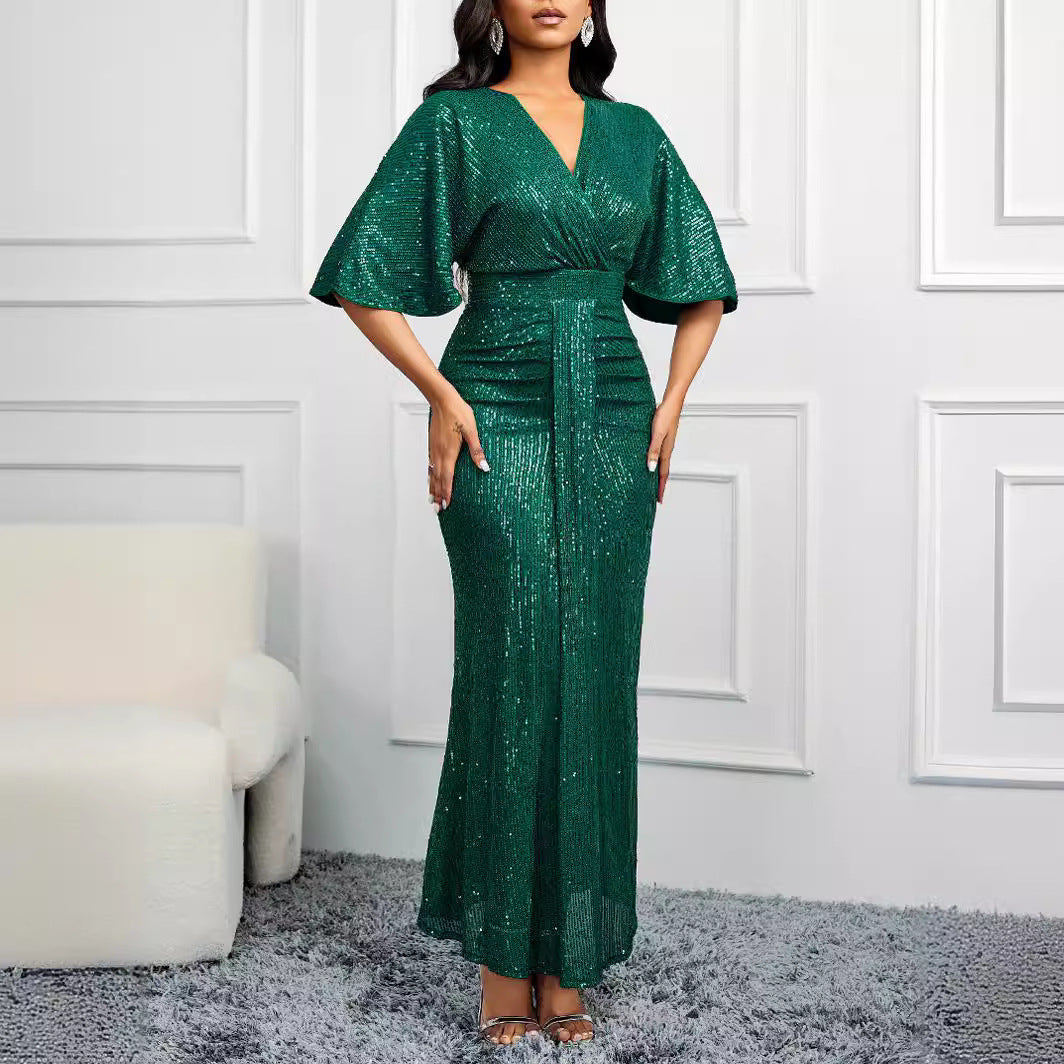 High Waist V-neck Pure Color Sequins Shoulder Sleeve Dress Women's Long Formal Dress