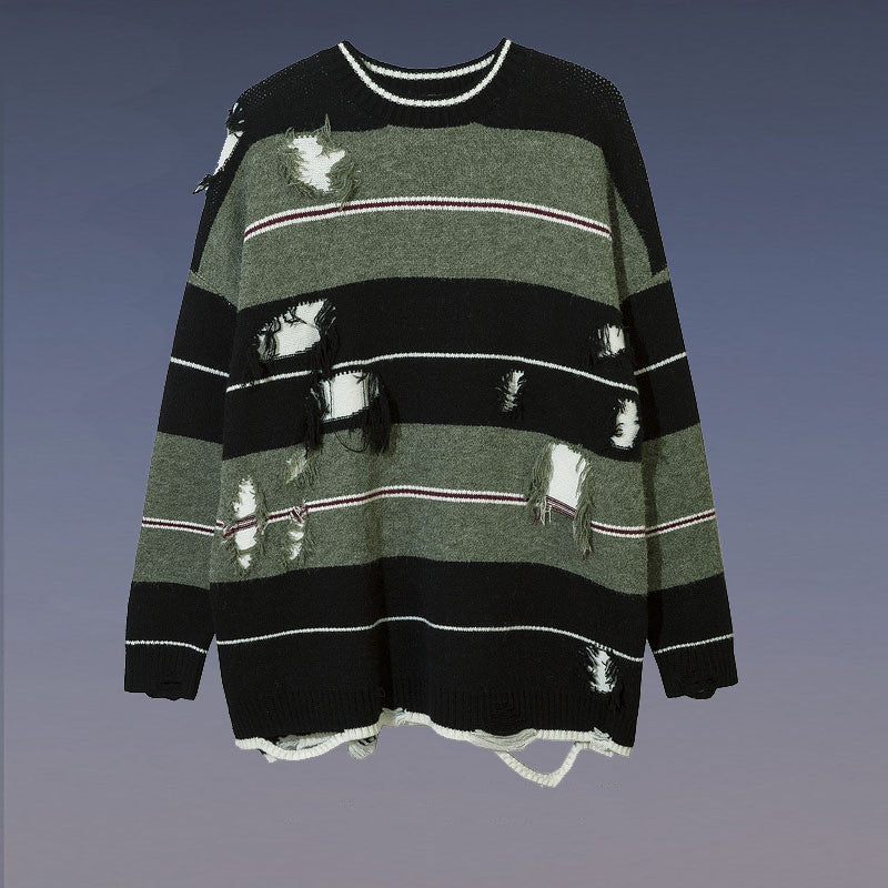 American High Street Dark Ripped Knitted Striped Sweater