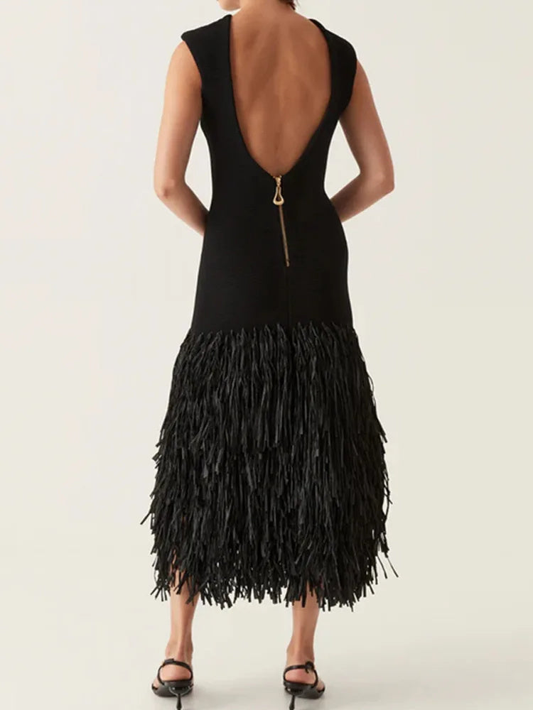 Solid Color Hem Fringe Knitted Halter Dress