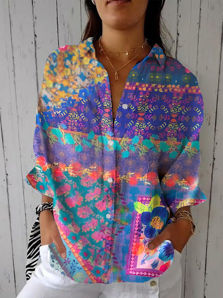 Women's Creative Fashion 3D Printing Lapel Casual Shirt