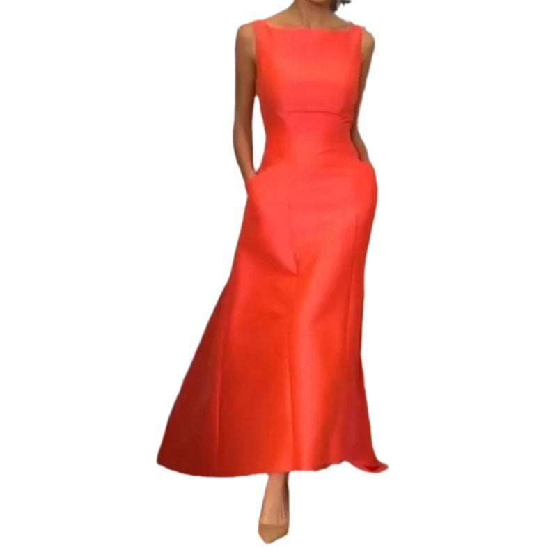 Fashionable Waistband Solid Color Dress