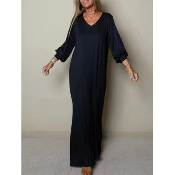 Cross-border Amazon Hot Sale Ladies Casual Robe Plain Long Sleeve Split Dress