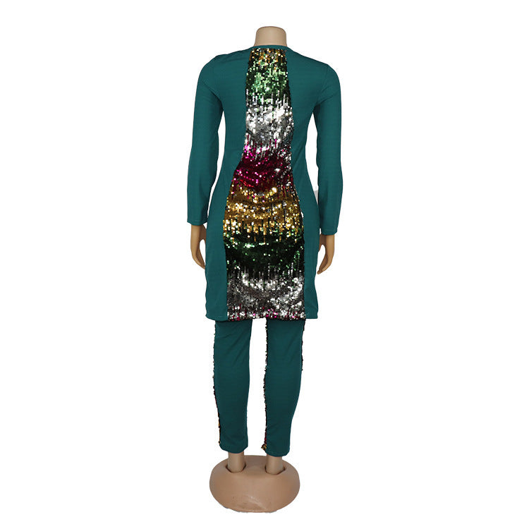 High Elastic Colorful Sequin Cotton And Linen Women's Pants Suit