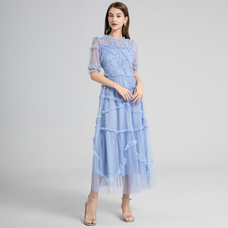 French Heavy Industry Retro Round Neck Short Sleeves Polka Dot Wooden Ear Swing Dress