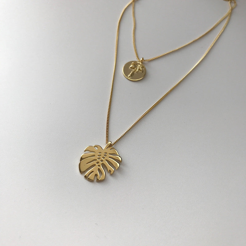 Flowing Gold Monstera Double Necklace