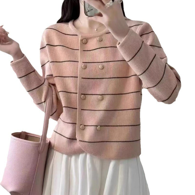 Double Breasted Western Style Classic Striped Color Collision Design Loose Round Neck Cardigan