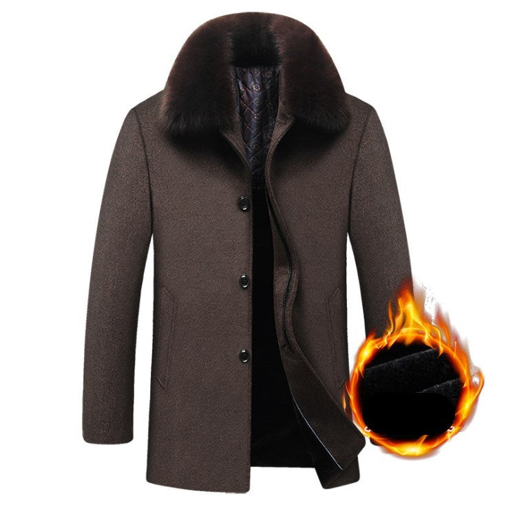 Middle-aged men's coat long men's large fur collar plus velvet quilted thick wool windbreaker