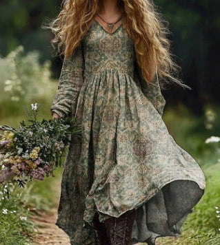 3D Printed Women's Long Sleeve V-neck Dress