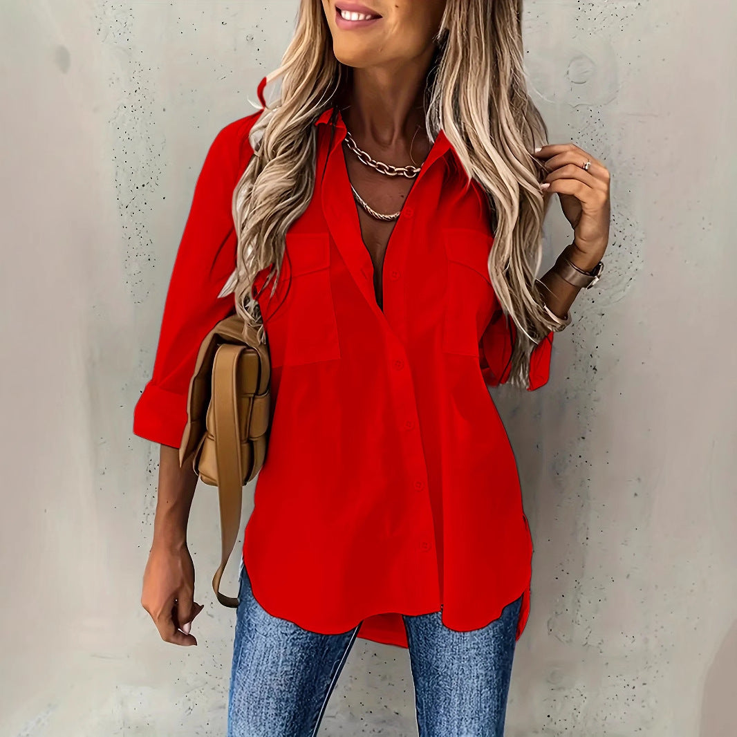 Loose Long Sleeve Lapel Shirt With Pockets Top