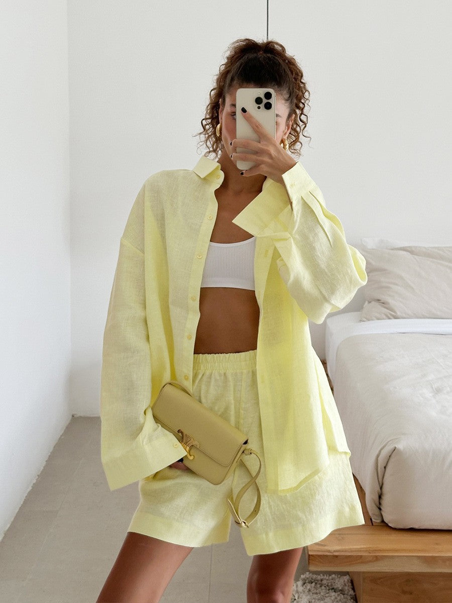 Long Sleeve Cardigan Shorts Suit Simple