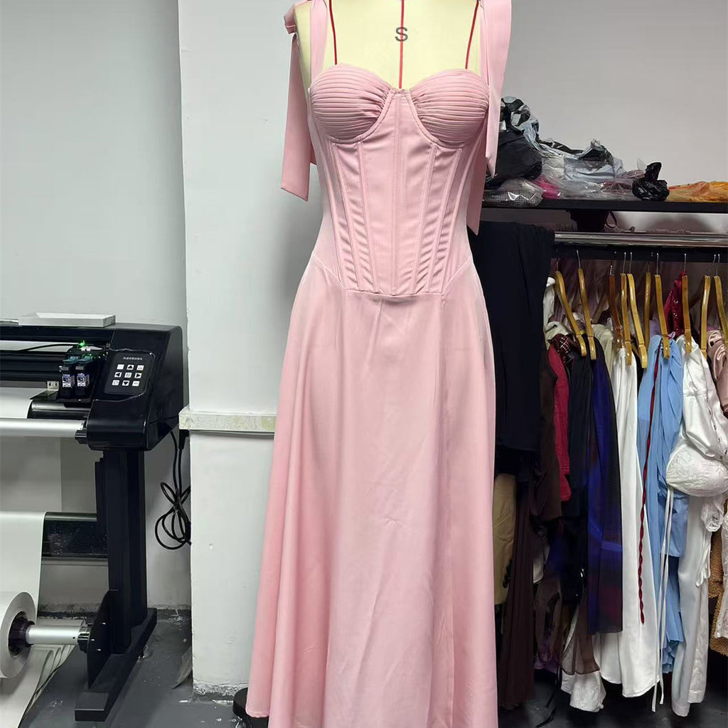 Women's Minimalist Bowknot With Fishbone Bandeau Sling Pleated Dress