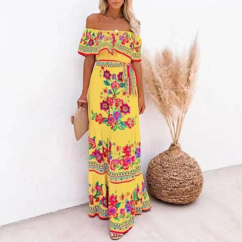 Women's Fashion Off-shoulder Red Flower Print Dress