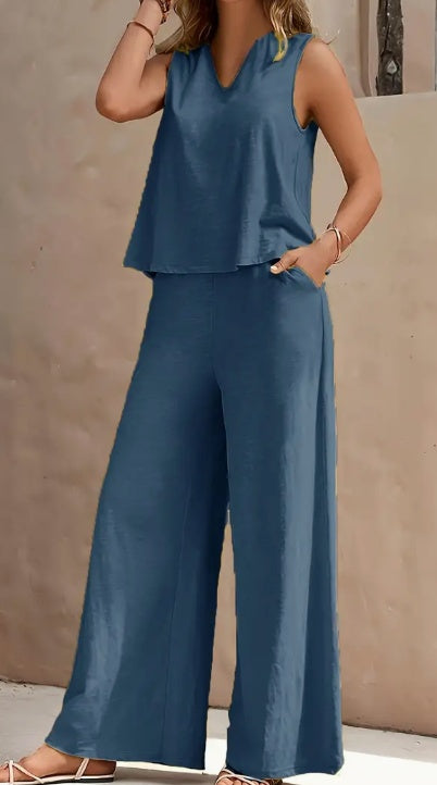 Solid Color Summer Casual Pants Set, V Neck Tank Top & Wide Leg Pants Outfits, Women's Clothing