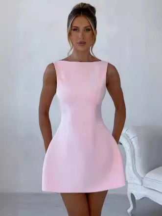 Fashion Sleeveless Backless High Waist Solid Color Slim Fit Short Dress