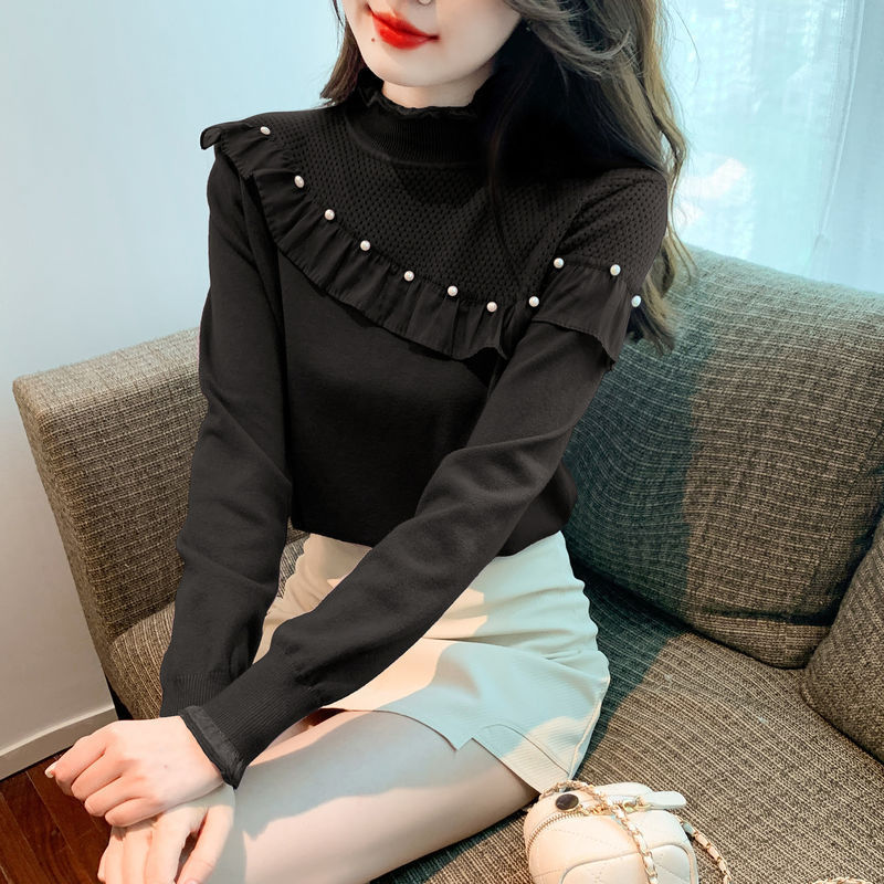 Women's Ruffled Stitching Half-high Collar Long Sleeves Knitwear