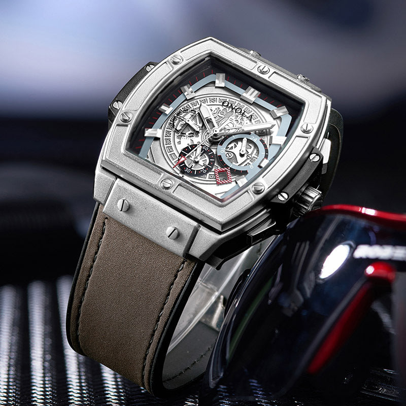 Barrel-shaped multi-function quartz men's watch