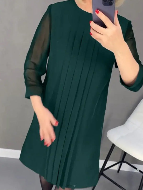 Lace Sleeve Round Neck Pleated Long Sleeve Dress Women's Clothing