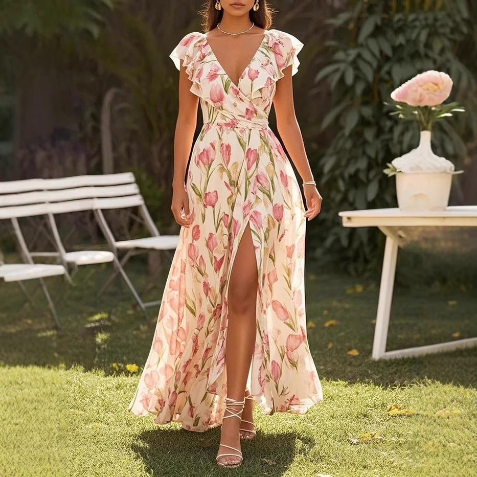 Short Sleeve V-neck Split Digital Printing Dress