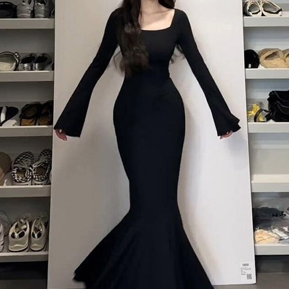 Step By Step Lotus Skirt Long Sleeve Fishtail Black Dress