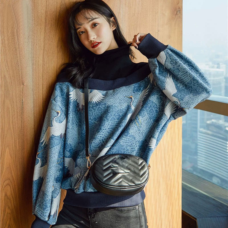 Women's Fashion Stitching Crane Print Sweater