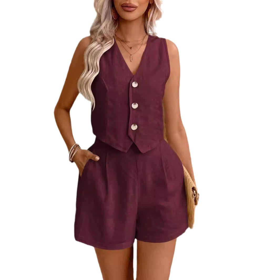 Leisure Commute Front Button Vest And Shorts Suit