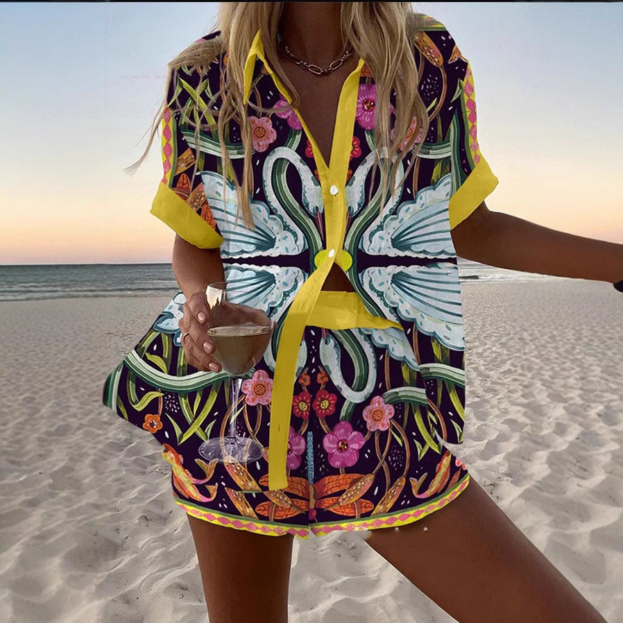 Women's Fashion Printed Casual Vacation Style Cardigan Shorts Suit