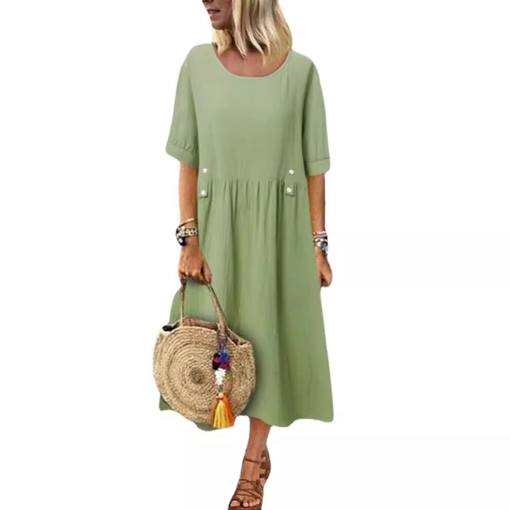 Plus Size Casual Round Neck Shirt With Half Sleeve Button Dress Women