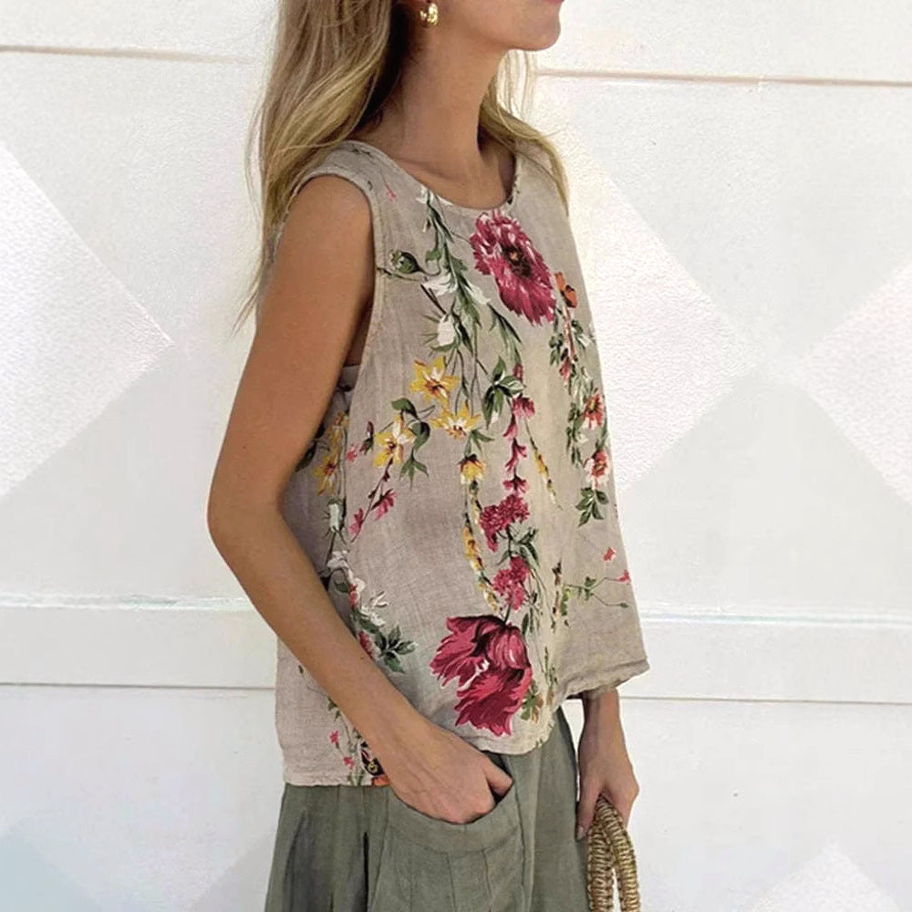 Round Neck Vest Casual Chinese Style Floral Cotton Linen