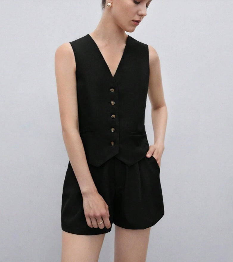 Casual Women's Solid Color Vest Jacket Set