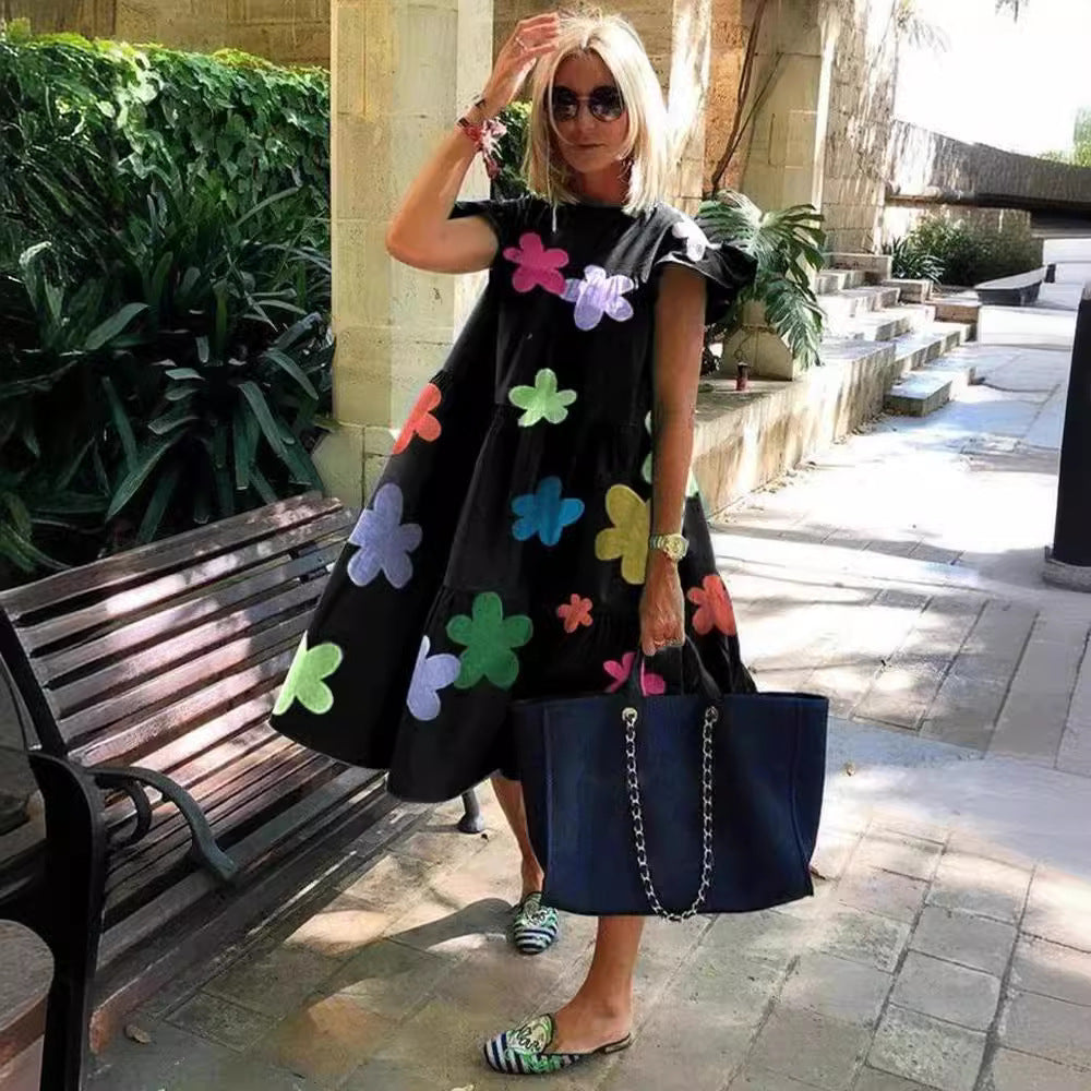 Foreign Trade Cross-border Sweet Holiday Floral Print A- Line Dress