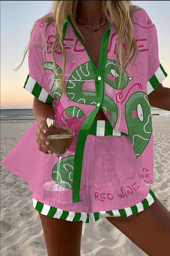 Women's Fashion Printed Casual Vacation Style Cardigan Shorts Suit