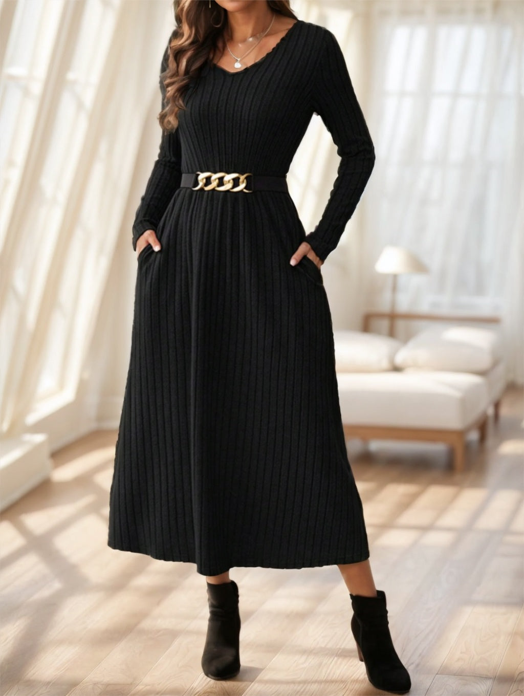 Women's Fall Solid Color Casual Long Sleeve Midi Dress With Belt Decoration