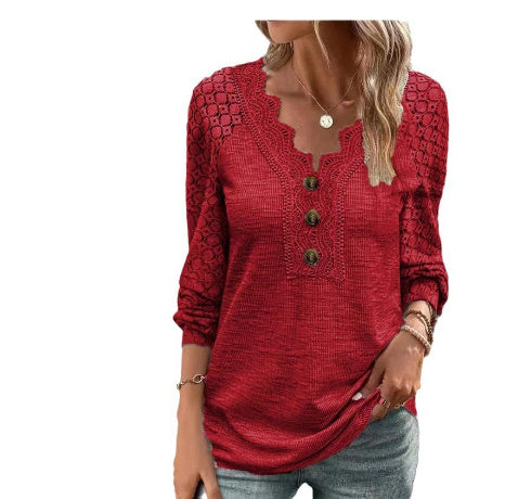 Casual Solid Color Lace V-neck Patchwork Top T-shirt With Short Sleeves