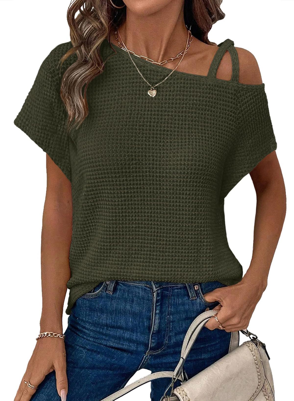 Women's Short-sleeved Solid Color Top Fashionable All-match Off-shoulder Knitted T-shirt
