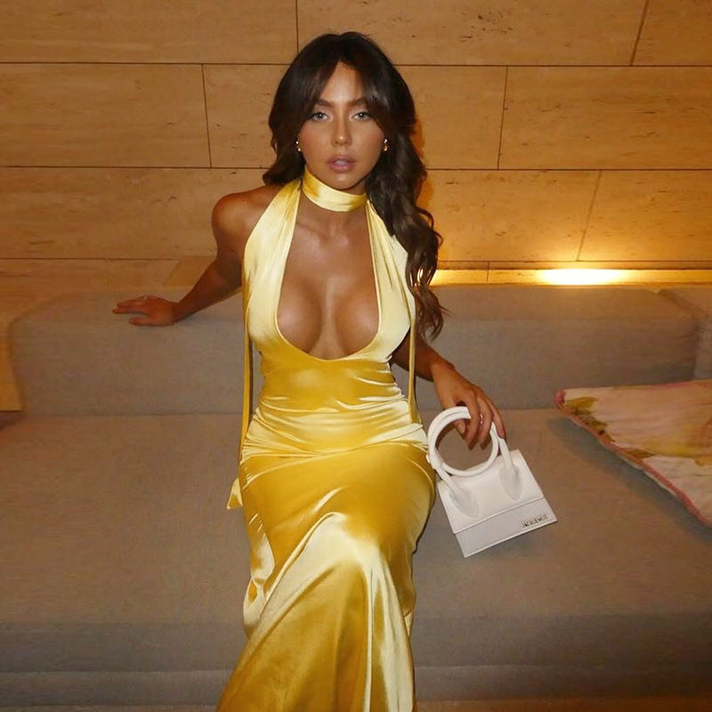Elegant Sexy Slim Deep V Halter Strap Satin Dress
