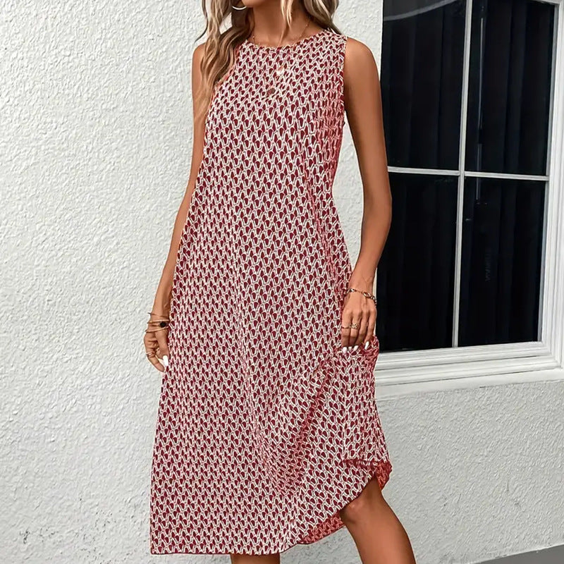 Women's Round Neck Sleeveless Printed Mid-length Dress