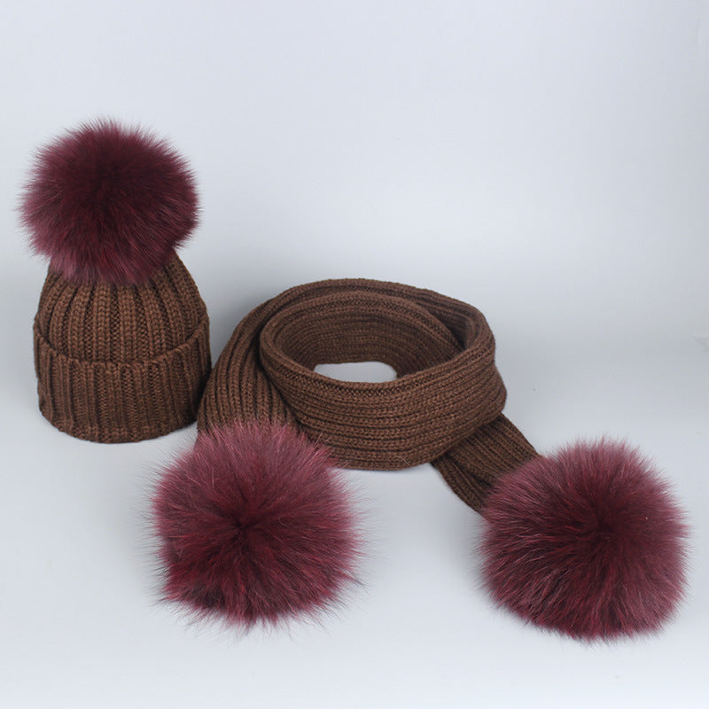 Knitted Hat Scarf Men's And Women's Autumn And Winter Warm Fox Fur Ball Wool Ball