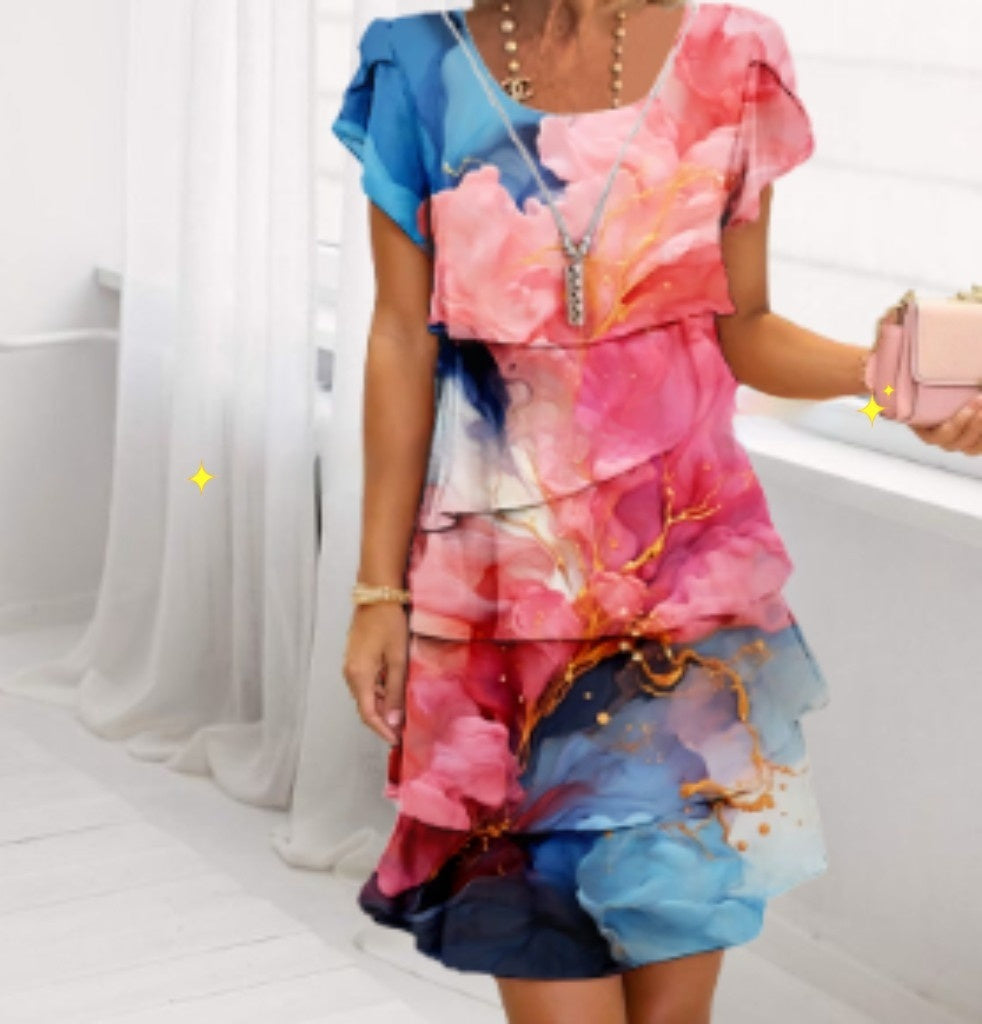 Short Sleeve Round Neck Printing Series Dress