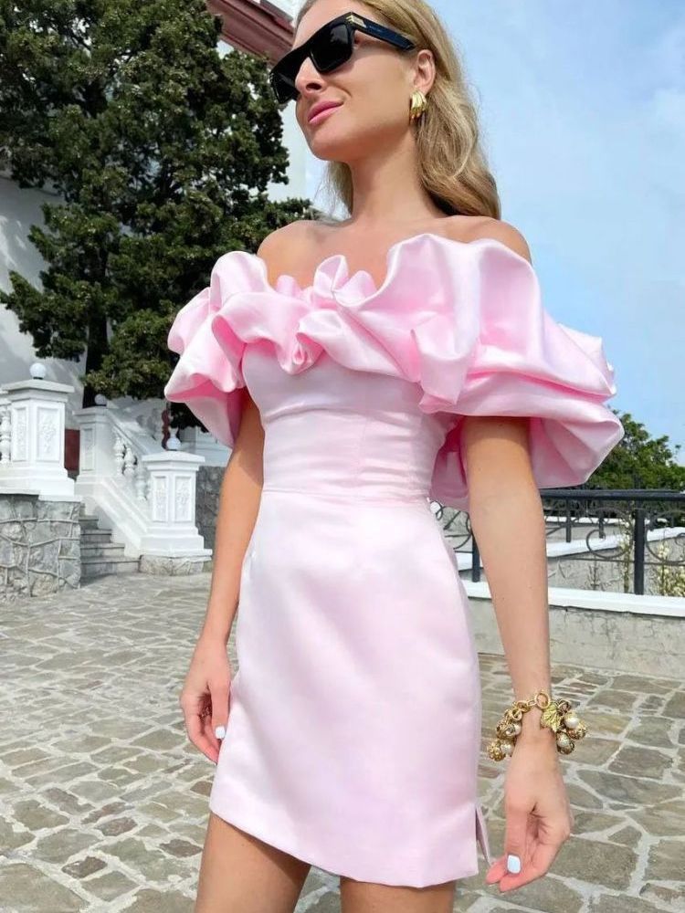 Women's Ruffled Off-shoulder Dress Solid Color