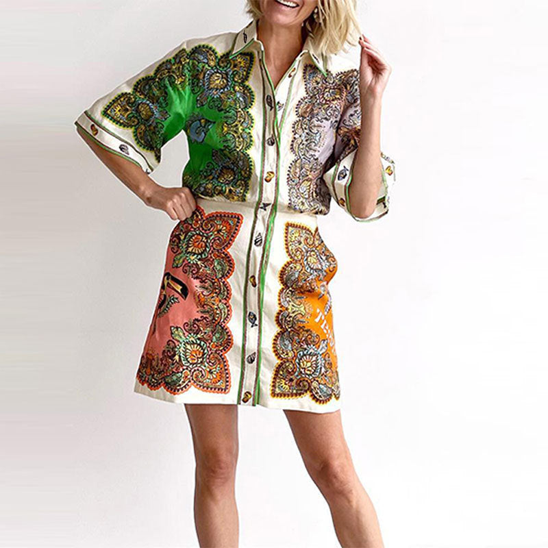 European And American Lapel Single Breasted Printed Long Sleeve Casual Dress