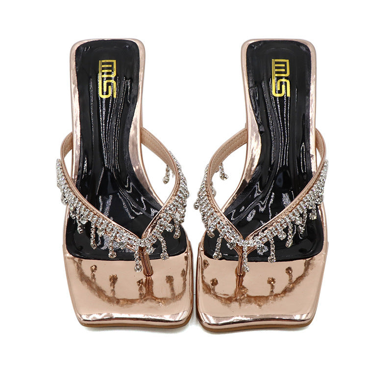 Square Toe Rhinestone High-heeled Outdoor Women's Fashionable Chunky Heel Plus Size Sandals
