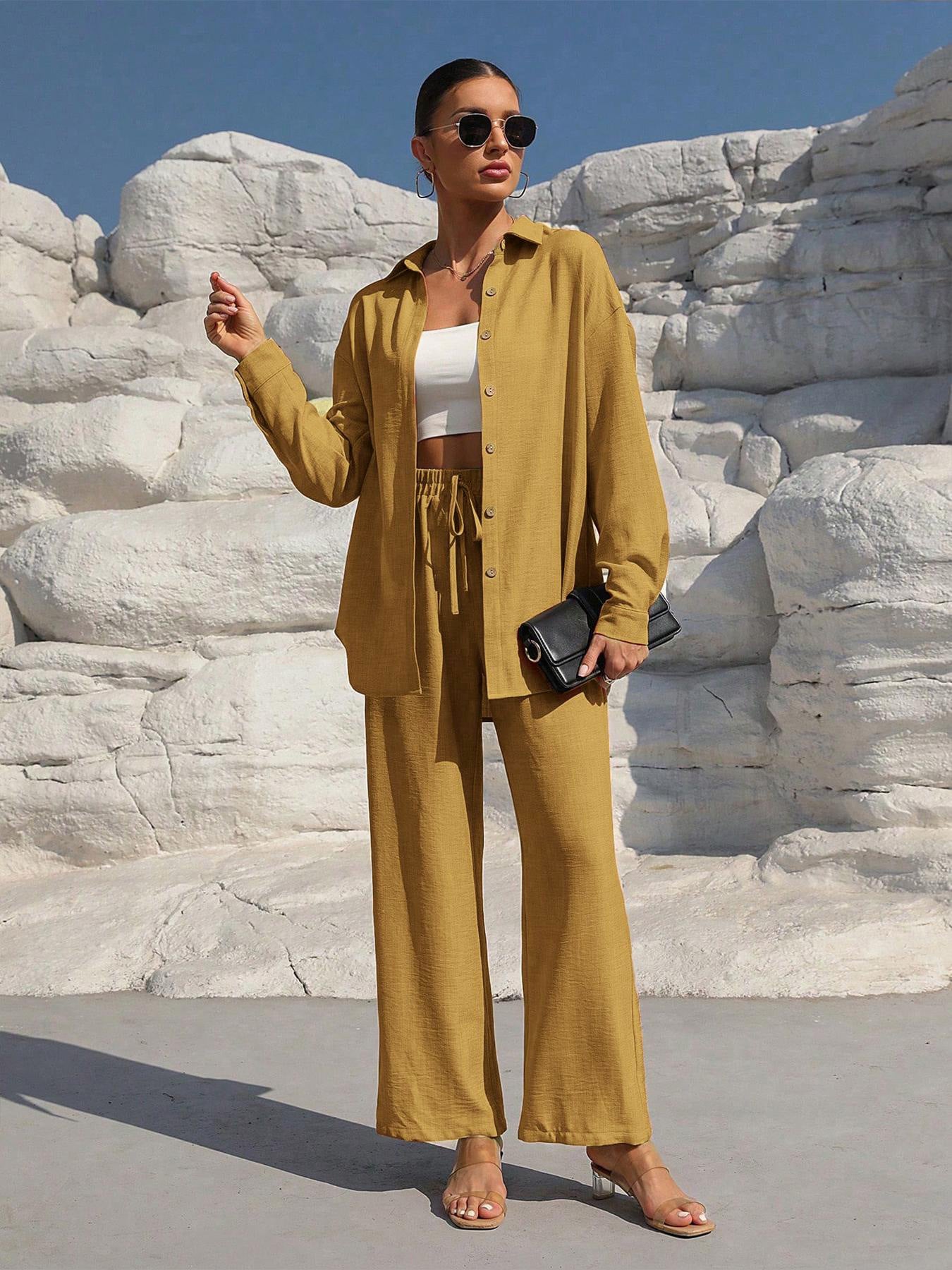 Fashion Graceful Plus Size Women's Long Sleeve Cardigan Two-piece Set Casual Solid Color Suit