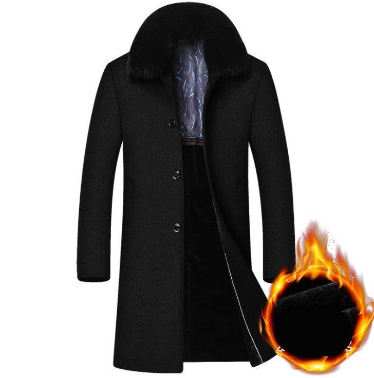 Middle-aged men's coat long men's large fur collar plus velvet quilted thick wool windbreaker