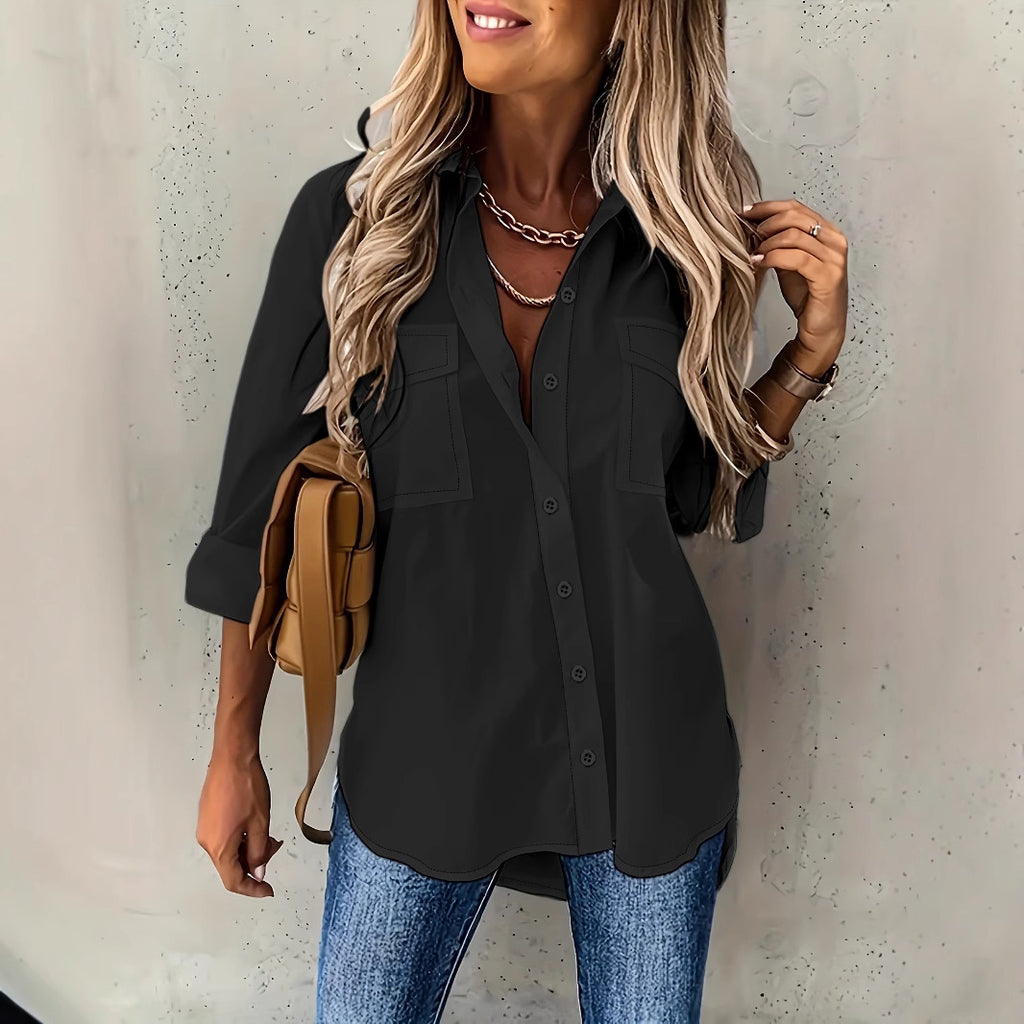 Loose Long Sleeve Lapel Shirt With Pockets Top