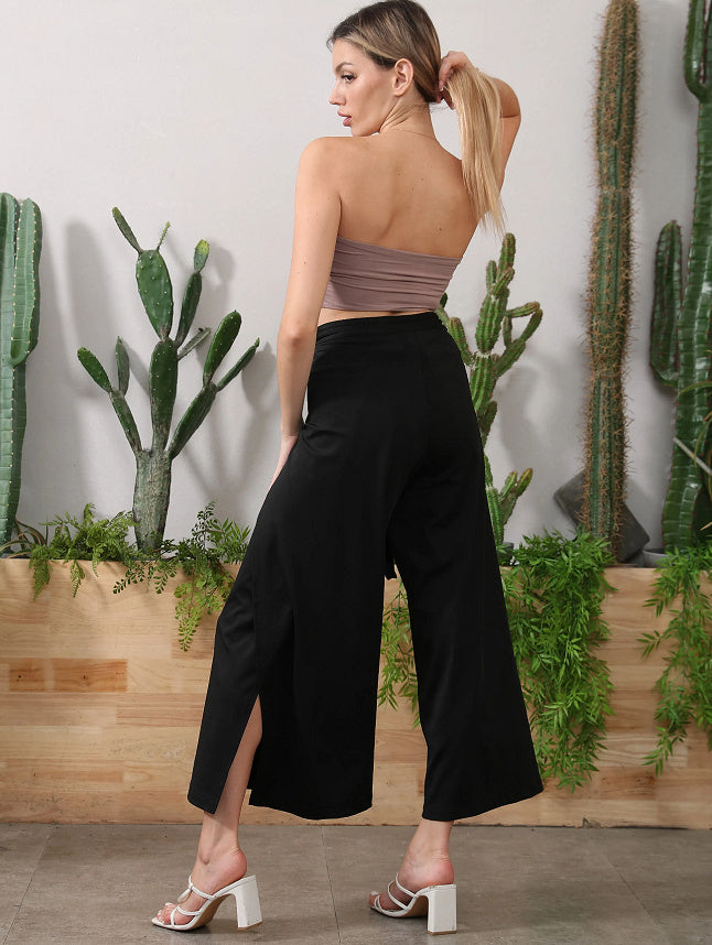 Solid Color Fashion Lace-up Waist Wide-leg Skort Women