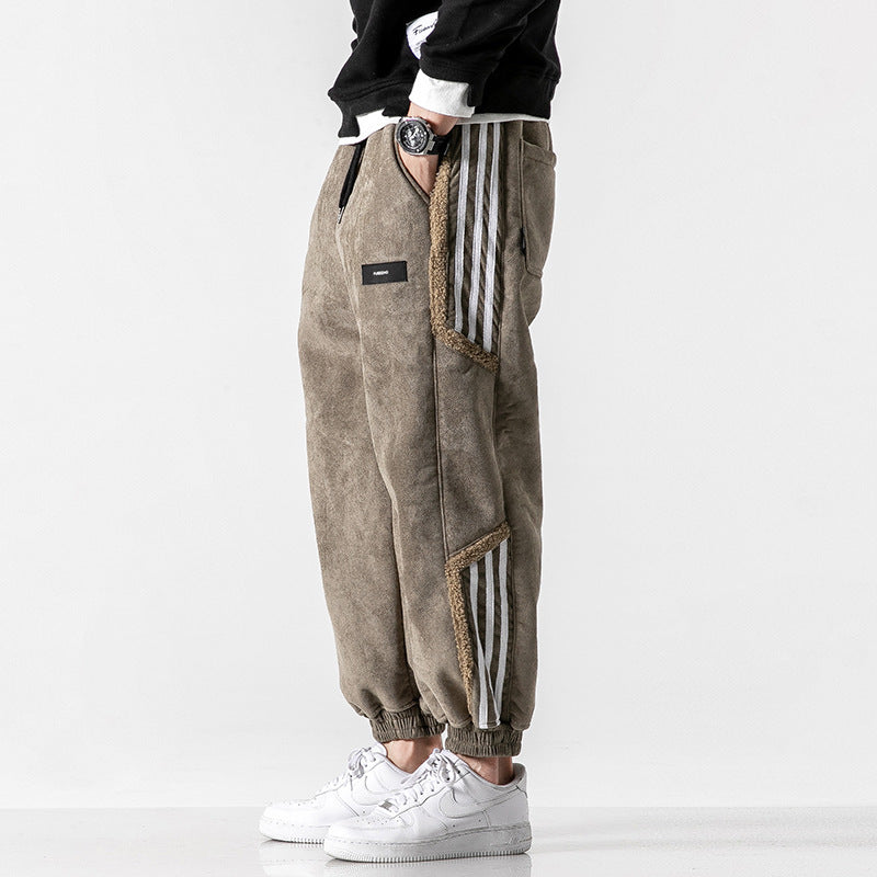 Winter Japanese retro striped stitching plus velvet thick deerskin casual pants