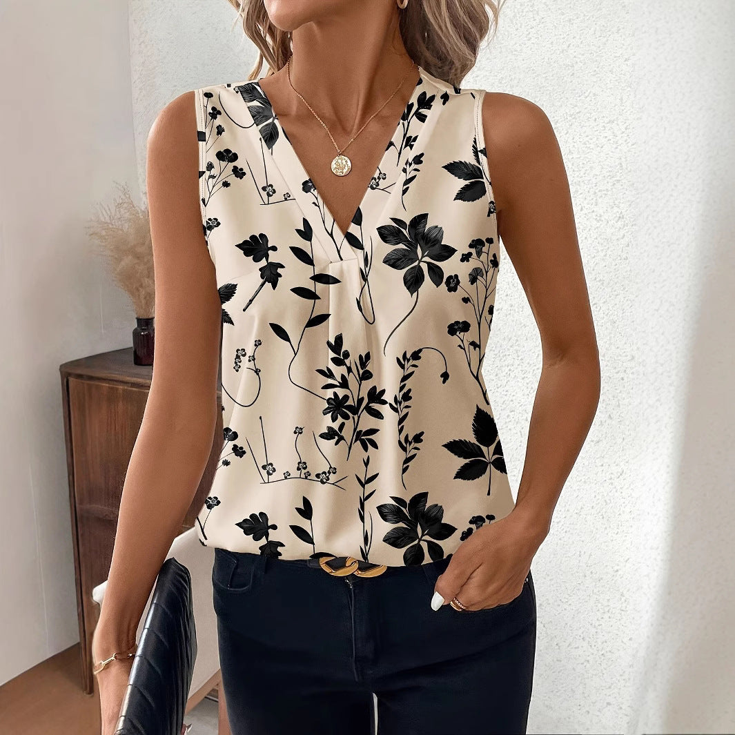 Women's Casual Floral Print Sleeveless V-neck Vest Tops