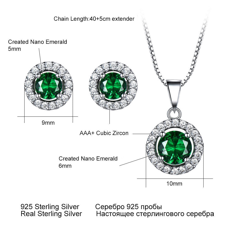 Emerald 925 Sterling Silver Round Earrings Pendants Two-Piece Outfit